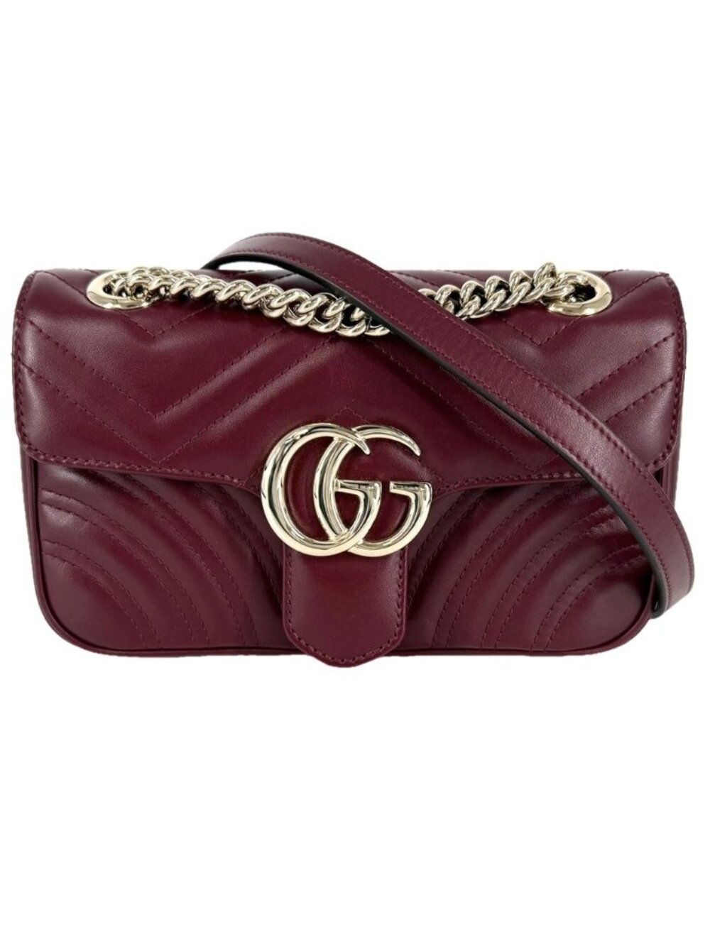 Gucci Shoulder Bag GG Marmont Small Chevron Leather Wine Red Gold